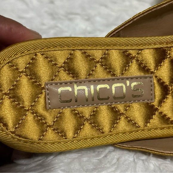 Chico's Kyla Mules Marigold Gold Wrap Silk Fabric Mob Wife Lux Sz.8.5 Classic - Picture 8 of 14